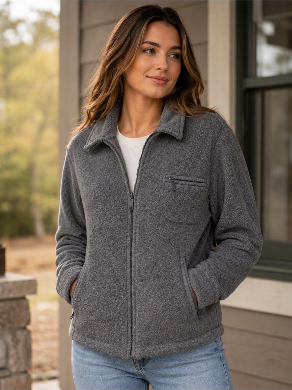 Eddie Bauer Women’s Fleece Jacket Medium Gray Full Zip Outdoor Casual Hiking